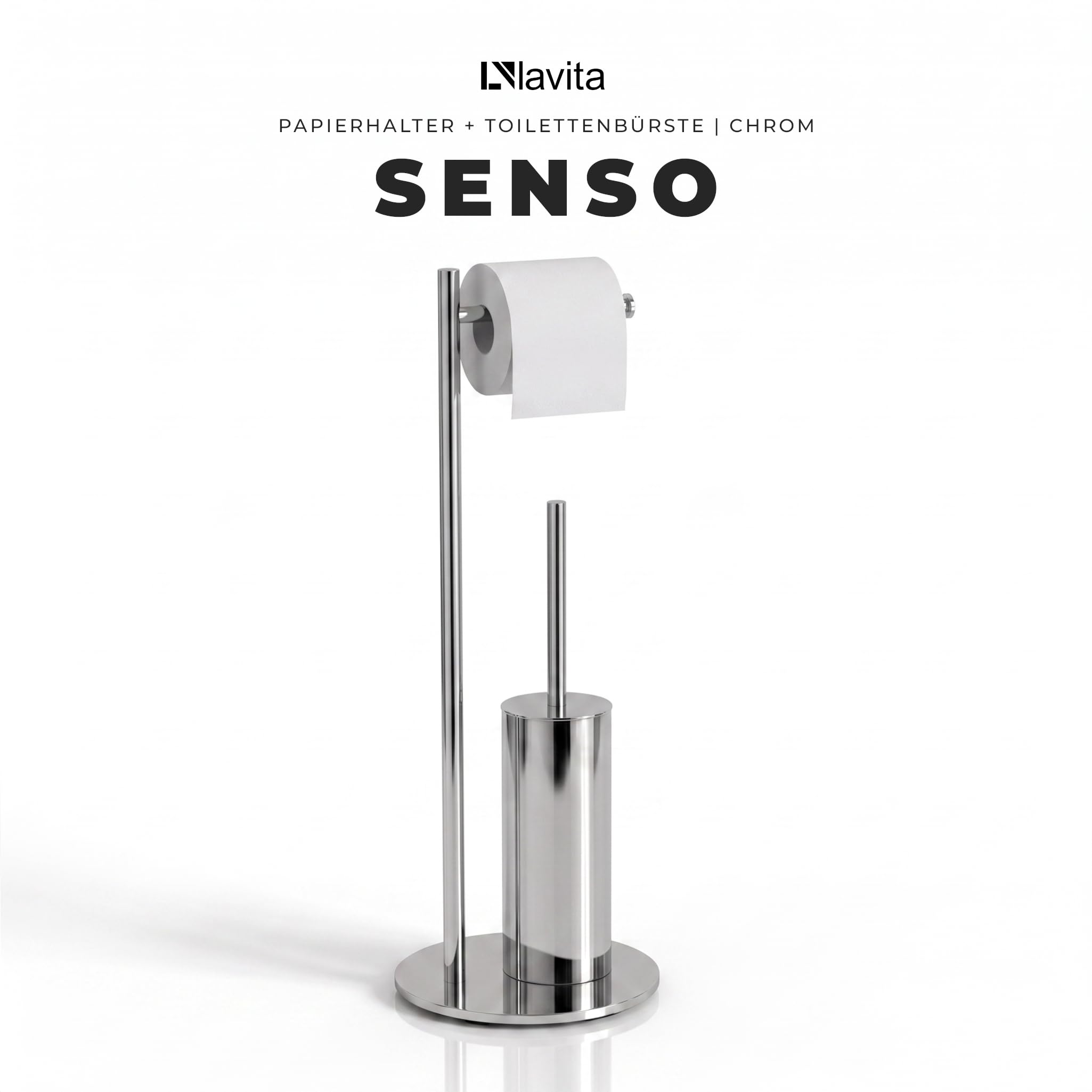LAVITA Senso 2-in-1 WC-Garnitur Freistehend Chrom Glänzend – Toilettenpapierhalter mit Toilettenbürste für Badezimmer