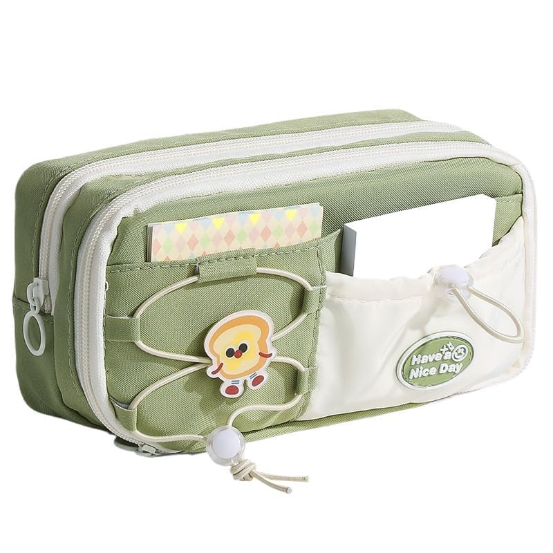 Image of Canvas School Bag Pencil Case, 3 Layer 6 Compartment Large Capacity, Aesthetic Pencil Pouch for Stationary, Cute Stationery for Kids, Pencil Case for Girls & Boys (Nice Day Green)