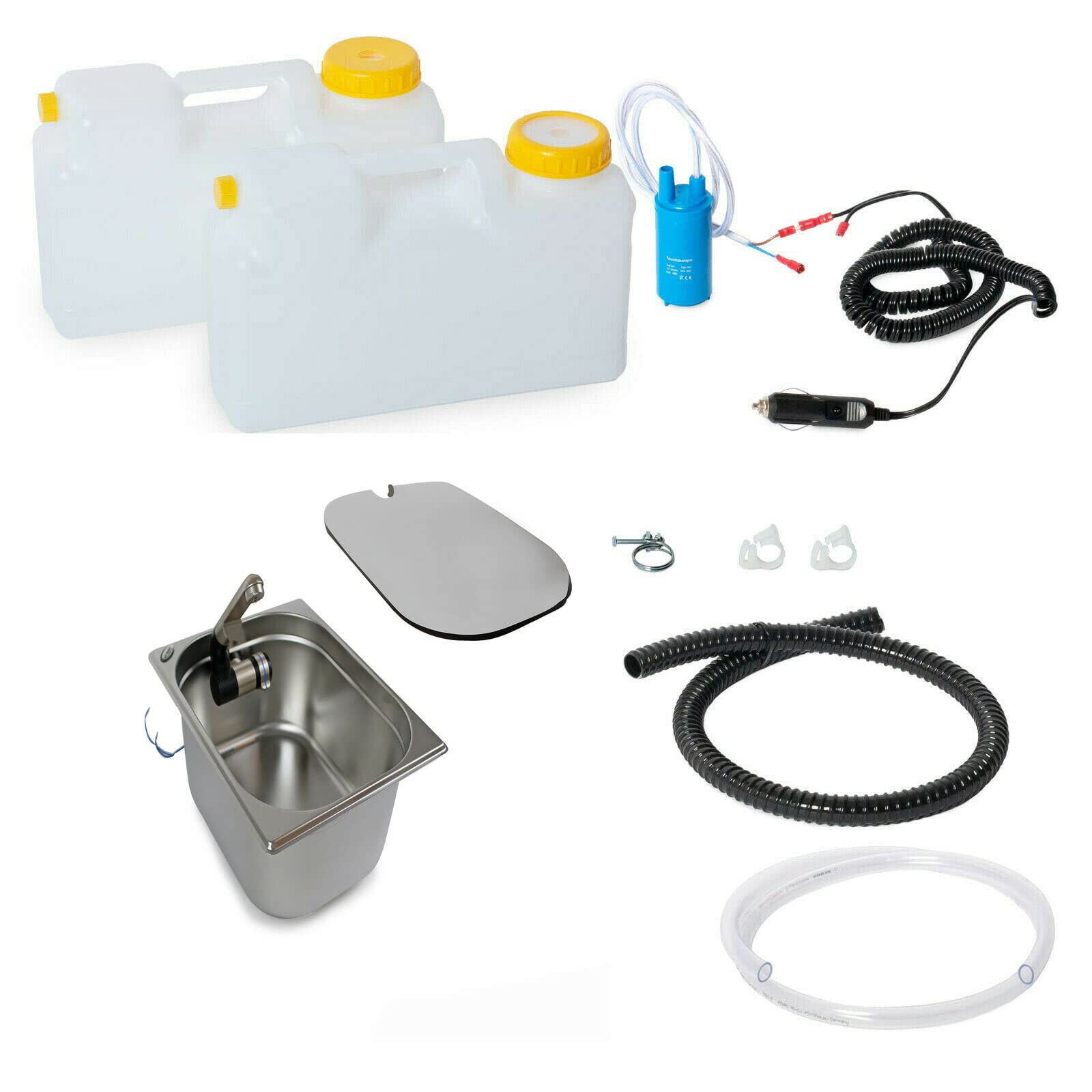 12V DIY Camping Miniküche Bausatz Wohnmobil Caravan 325x265x150 mm Integr. Wasserhahn + Abdeckung Weiß 12 Liter (ad-ideen)