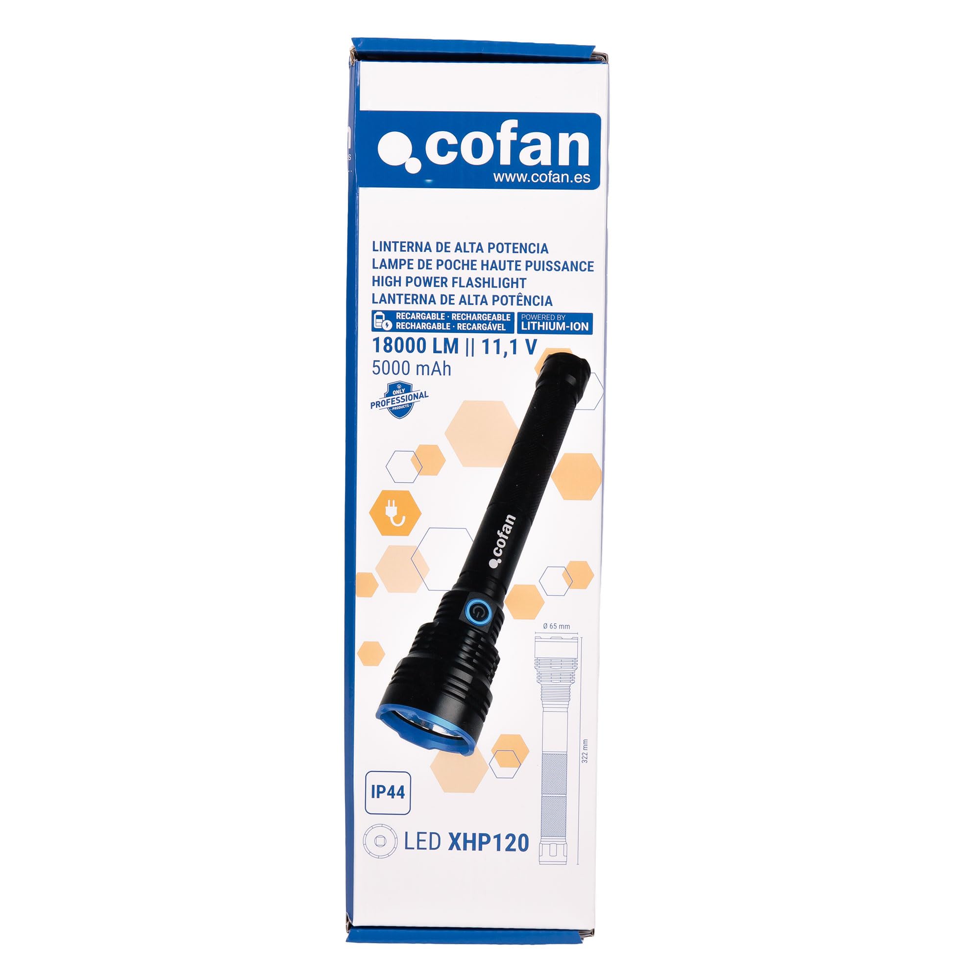 Cofan Linterna LED Recargable Alta Potencia, 18000 LM, 6 Modos de Luz, Linterna de Mano Recargable USB-C, Protección IP44, Alcance 260 m