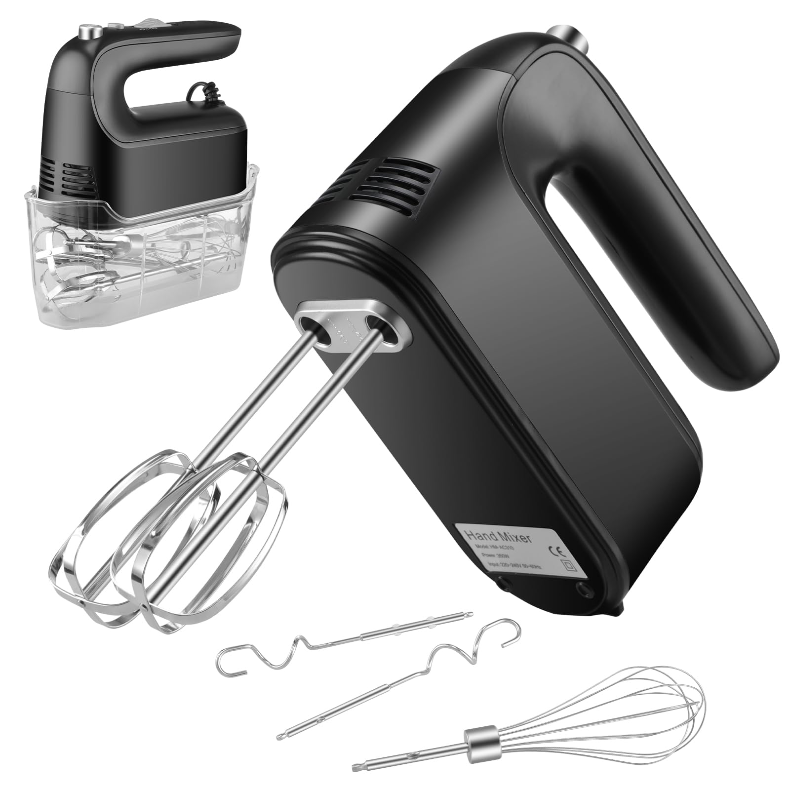 Hand Mixer Electric Whisk, Food Kitchen Mixer, 5 Self Control Speed with Turbo Button, Electric Whisk with Storage Case, 5 Stainless Steel Accessories for Baking, Dough, Bread, Eggs, Cream (Black)