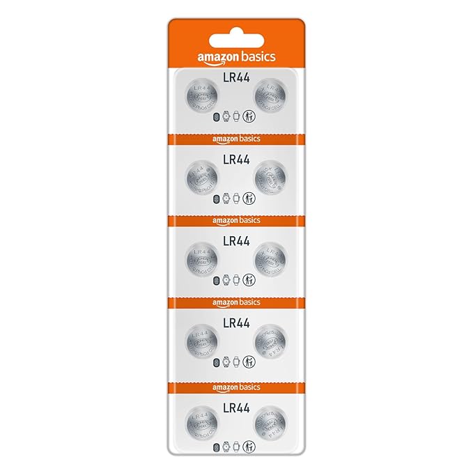 Buy Amazon Basics Long-Lasting LR44 Alkaline Coin Cell Batteries | 1.5V Voltage | Lightweight & Portable (Pack of 10) at Rs. 89