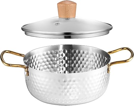 Korean Ramen Pot, Steel Ramen Cooking Pot for Cooking with Double Handles, Hammered Men Pot, Korean Ramen Cooking Pot for Kitchen,for Cooking Soup/Curry/Pasta/Stew,Silver Hammered,7.8in