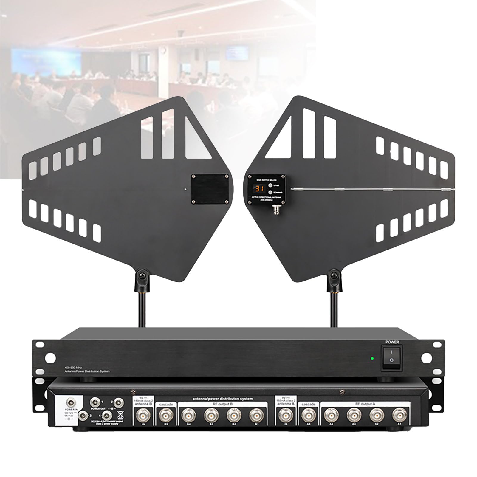 Amplificatore di segnale per microfono wireless, distribuzione antenna UHF, 16 porte di ingresso/uscita, gamma di frequenza 400-950 MHz, include 2 alette per antenna direzionale attiva
