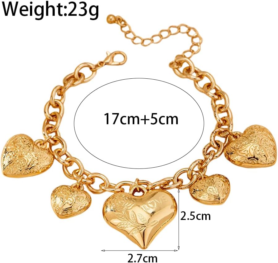 Gold Heart Charm Bracelet,Chunky Large Heart Chain Link Bracelet for Women,Funky Exaggerated Love Valentine's Day Jewelry - Image 3