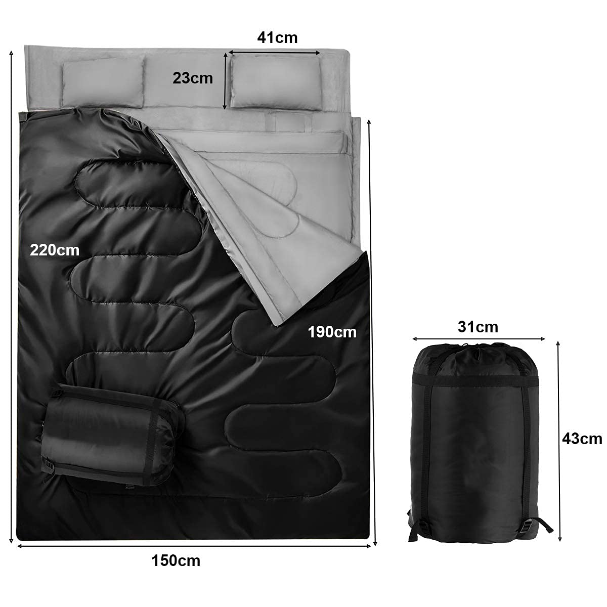 RELAX4LIFE Double Sac de Couchage avec 2 Oreillers et Sac de Transport, Détachable avec Fermetures Éclairspour 2 Personnes, Tapis de Sol Imperméable Convient pour Camping, Randonnée, Voyage