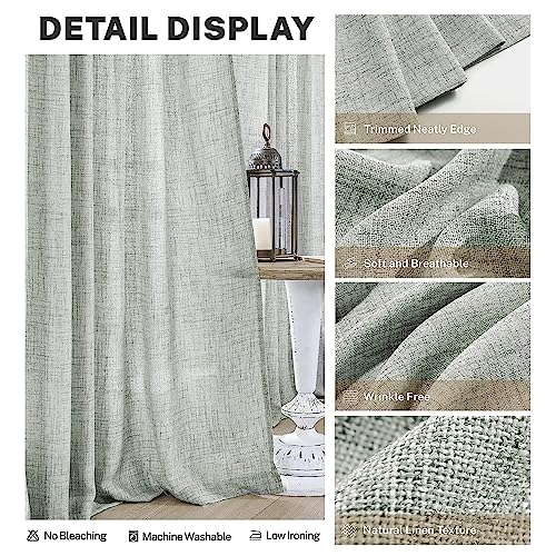 Meetbily Sage Green Curtains 96 Inches Long 2 Panels, Natural Linen Blended Farmhouse Curtains Drapes Living Room, Modern Minimalistic Green Semi Sheer Curtains For Bedroom/Door Way/Nursery #TOP3