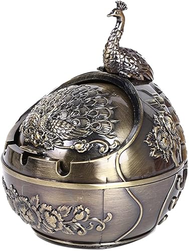 Willcome Cenicero vintage de pavo real con tapa, cenicero de metal resistente al viento, cenicero de escritorio para decoración del hogar y la