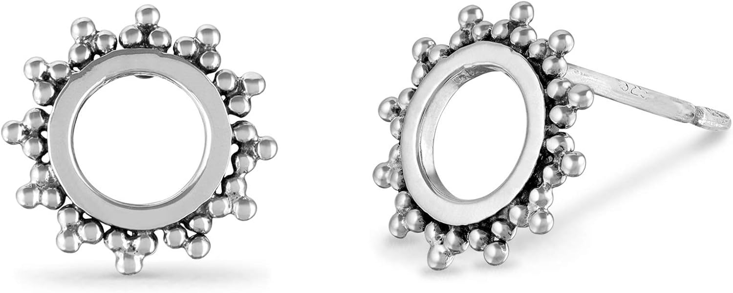 Boma Jewelry Sterling Silver Bohemian Balinese Beaded Texture Open Circle Sun Stud Earrings - Image 2