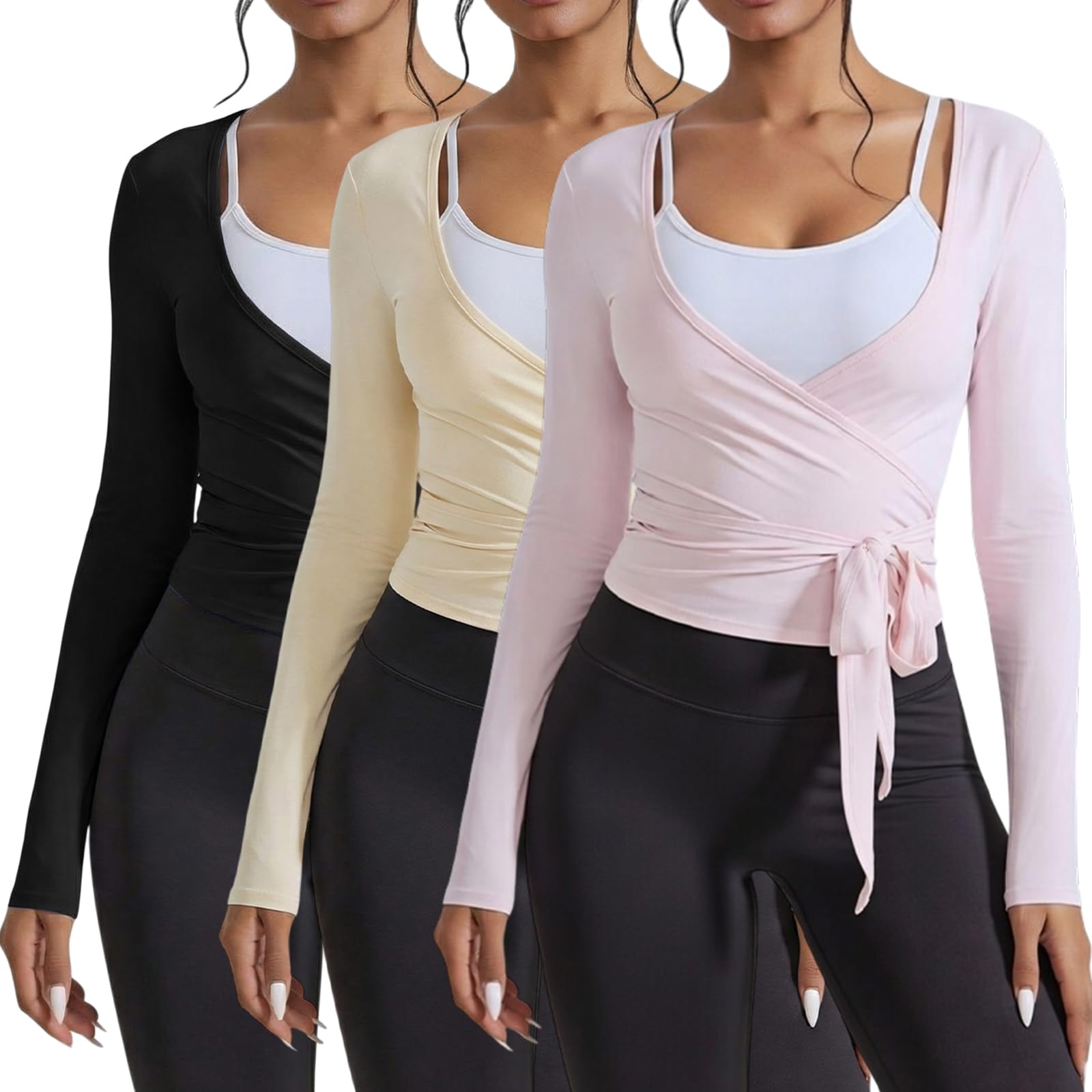 Photo 1 of Simlakey 3 Pack Women Ballet Pilates Wrap Tops Y2K Workout Yoga Shirts Dance Long Sleeve Tie Front Crop Tops(Small,Black, Beige, Pink)