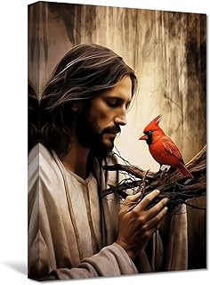 CXHOSTENT Jesus Canvas Wall Art God with Red Birds Cardinal Picture Print Christian God Posters Cardinal and Jesus Pictures for Church Prayer Room Framed (12.00"x18.00")