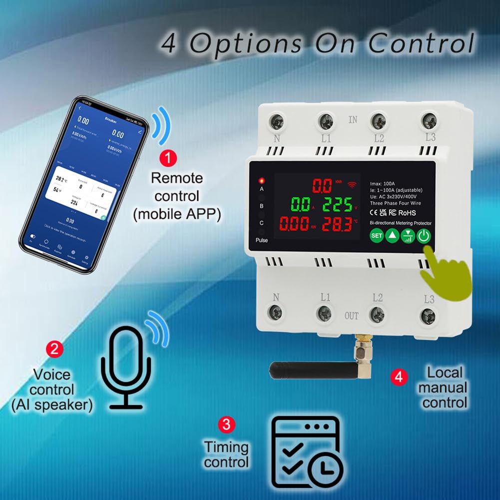 Medidor de EnergíA Inteligente Bidireccional con WiFi, 3 Fases, 4 Cables, 380 V, 100 A, KWh, ReconexióN AutomáTica, Protector SobretensióN y SobretensióN