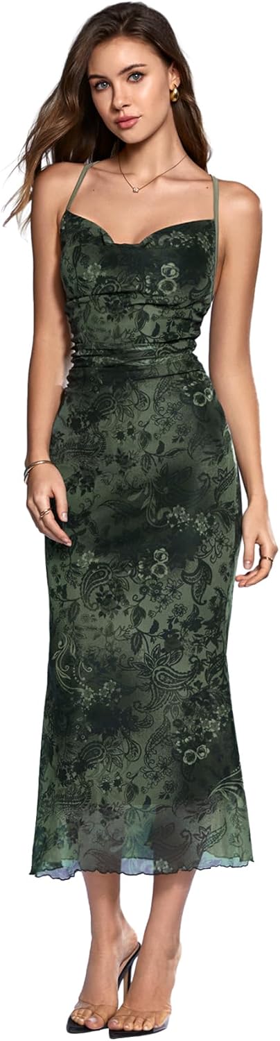 SOLY HUX Women's Floral Mesh Bodycon Cami Dress Cowl Neck Sleeveless Cocktail Party Wedding Guest Long Maxi Dresses