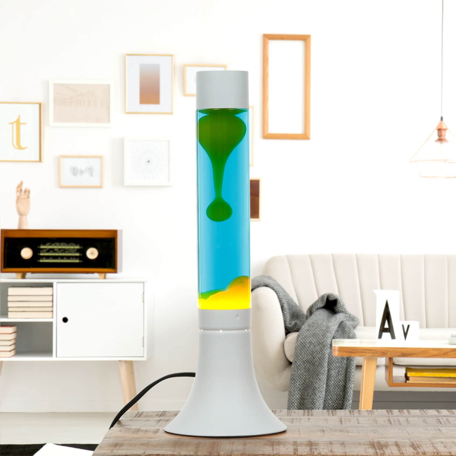 Stylowa lampa lava YVONNE niebiesko-żółta wysokość 38 cm dekoracyjna z włącznikiem kablowym lampa stołowa nastrojowe Licht-Erlebnisse