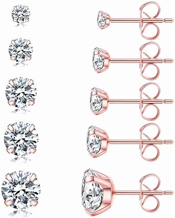 5 Pairs Stud Earrings Set, Hypoallergenic Cubic Zirconia 316L Earrings Stainless Steel CZ Earrings 3-8mm, Rose Gold