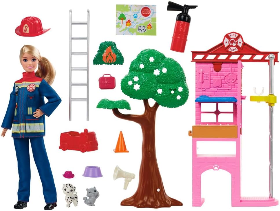 Barbie Careers Firefighter Doll & Playset with Fire Station & Tree, 2 Pets, Color-Change & 10+ Accessories Including Fire Extinguisher Squirt Toy