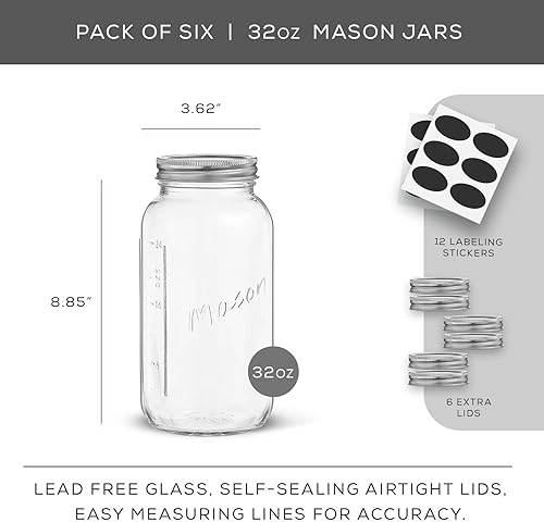 Miniatura 5 de Tarros Mason de 32 onzas con tapas etiquetas y medidas Paquete de 6 tarros Mason de boca regular tarro de vidrio con tapa y banda Tarros herméticos