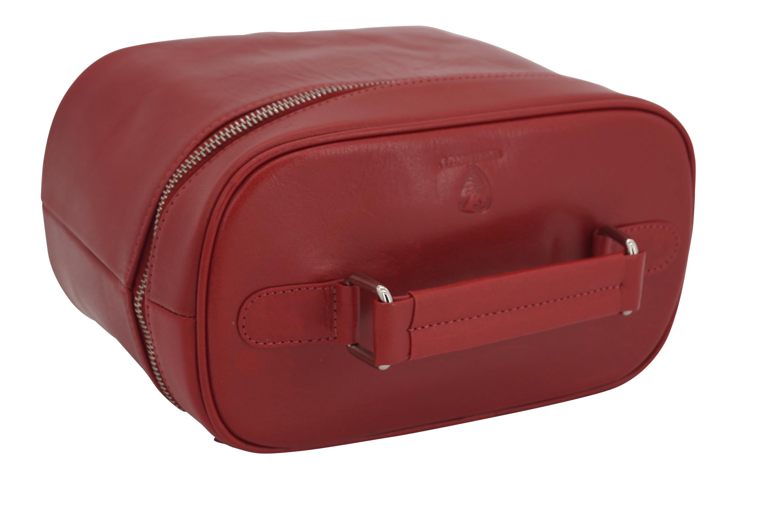 GERMANUS Handgemachte Kosmetiktasche Leonie, Kosmetikkoffer und Kulturtasche aus dickem Leder (Rot)