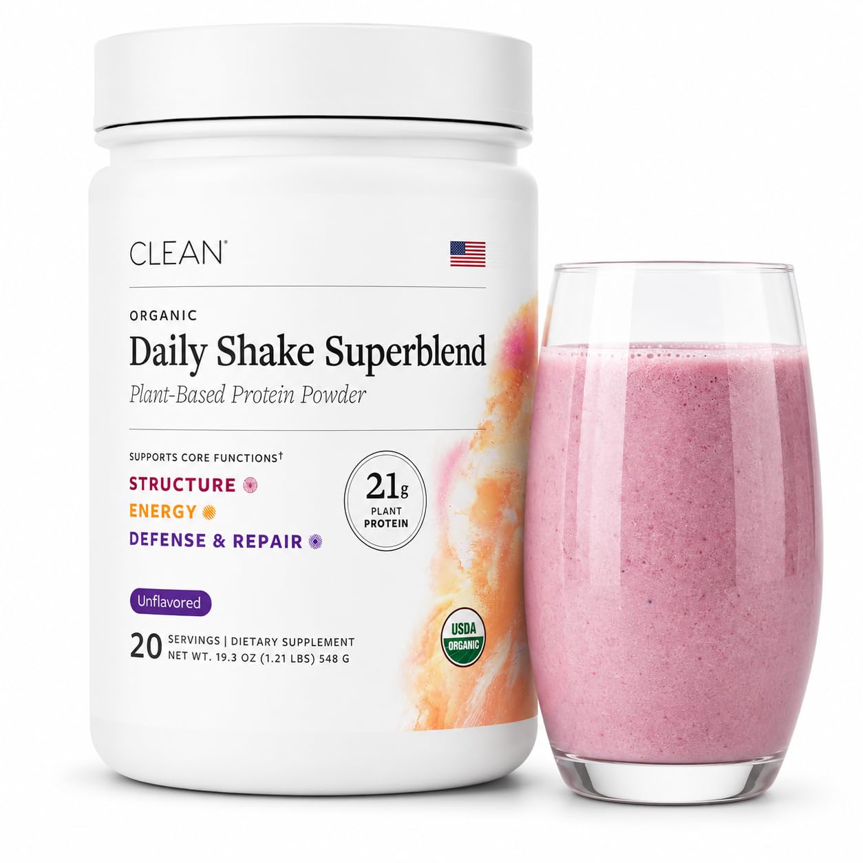 Clean Program Shake Diário de Proteína Vegetal em Pó, Blend com Probióticos, 21 g, Vegano, Sabor Natural, 547,2 g