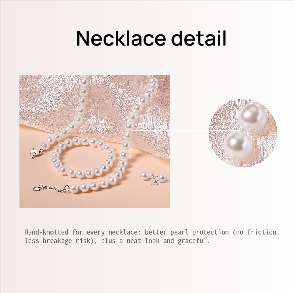 Pearl Necklace Set for Women and Girls, 8mm Glass Faux Pearl Includes Bracelet & Stud Earrings, 3-Piece Costume Jewelry Set, Wedding Bridesmaid Prom Gifts