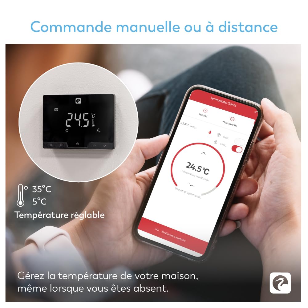 Garza - Thermostat WiFi Intelligent Sans Fil pour Chauffage et Chaudière, Programmable, Écran Tactile, Commande Vocale (Alexa/Google), 2,4 GHz, Noir