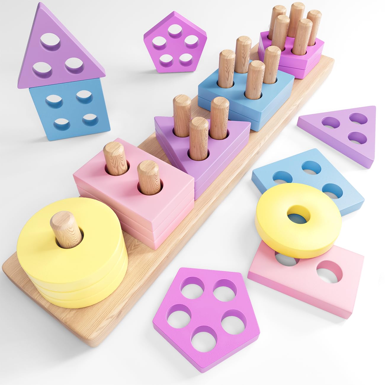 KmmiFF Montessori Toys for 1 2 Year Old Girls: Wooden Shape Sorter Toddler Toys for 1 2 3 Year Olds Girl Gifts - Stacking Toys for Kids Age 1-3