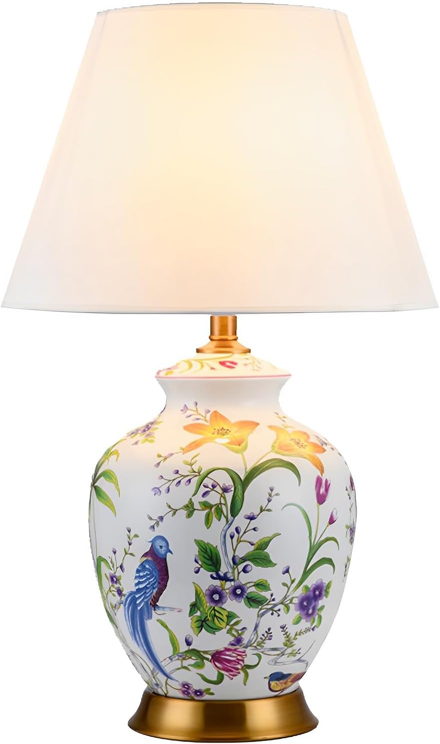 PURESILKS 22.44' Flower and Bird Ceramic Table Lamp - White Chinoiserie Lamp for Bedroom, Living Room, Family Room
