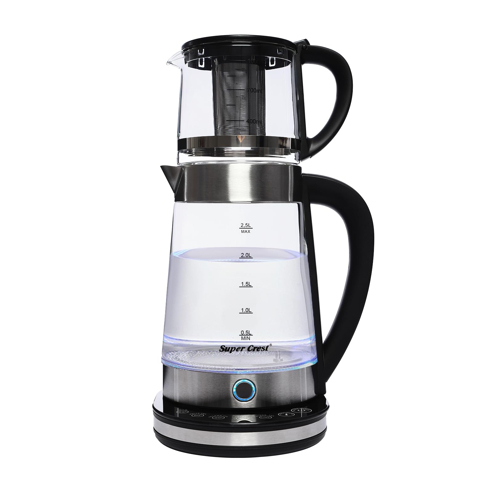 Hervidor eléctrico de cristal de 1500 W, 2,5 L + 1 L, tetera térmica Kettle, apagado automático con pantalla LCD, transparente, calentamiento rápido con filtro de cal para té, café
