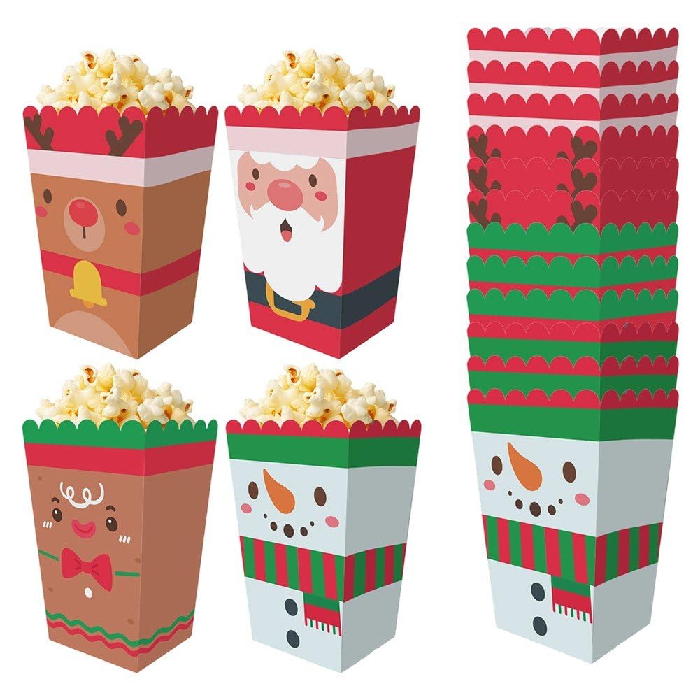 Fituenly Multicolor Christmas Popcorn Boxes, 12 Pcs Christmas Snowman Santa Claus Reindeer Popcorn Boxes Box For Christmas Party