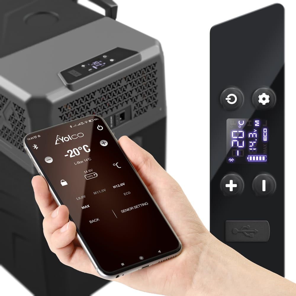 Yolco BCX50 Carbon Electric Compressor Cool Box, sterowanie aplikacjami przez Bluetooth, 12/24 V i 230 V do samochodów, ciężarówek, łodzi, lodówki kempingowej