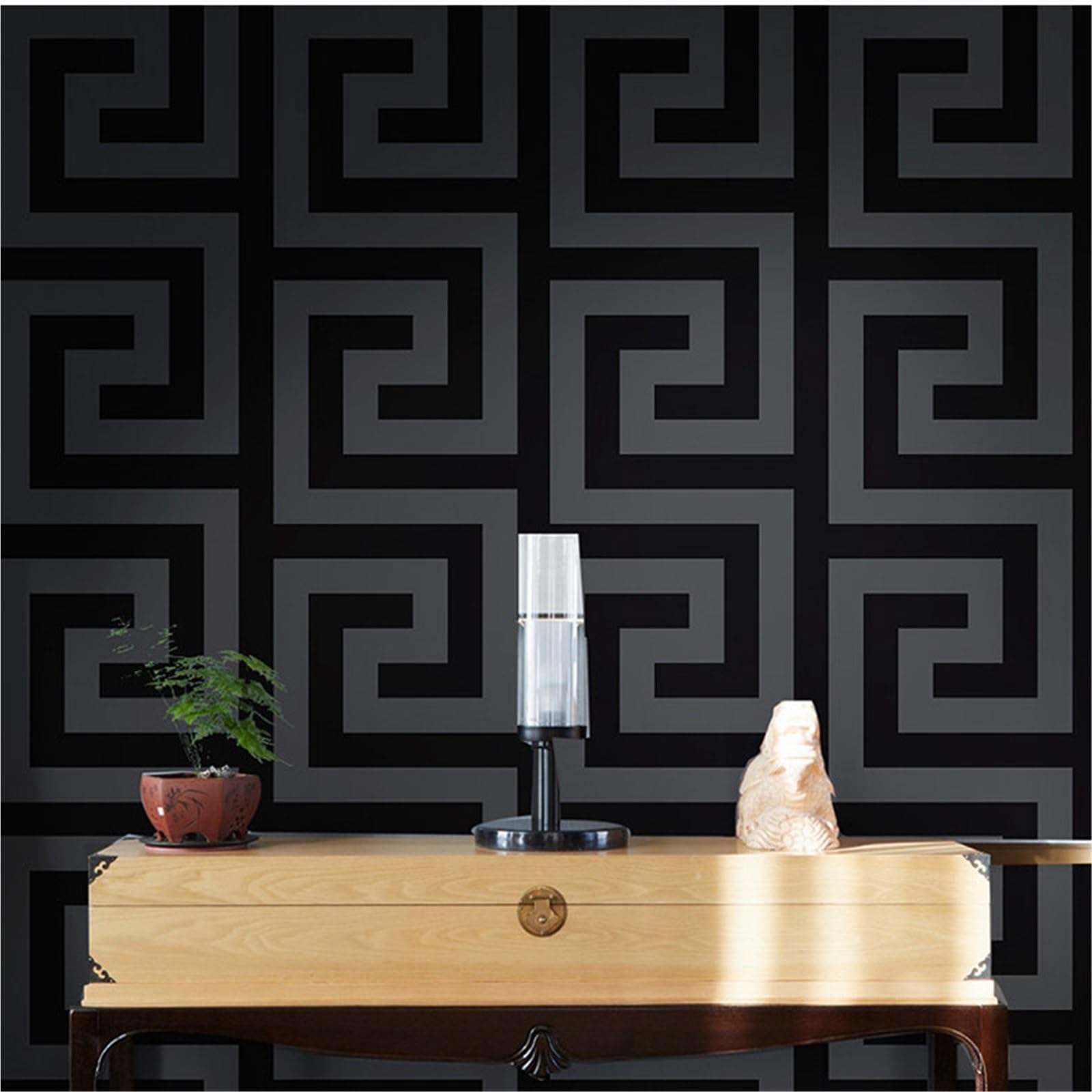 SDJKAA Minimalist Retro Style Wallpaper, Black, 53cm x 10M, Geometric Pattern