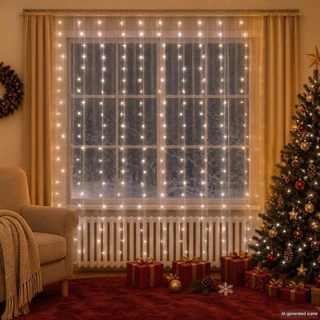 HaoChrymec Tenda luminosa con 300 LED a 8 modalità, bianco freddo, 3 x 3 m