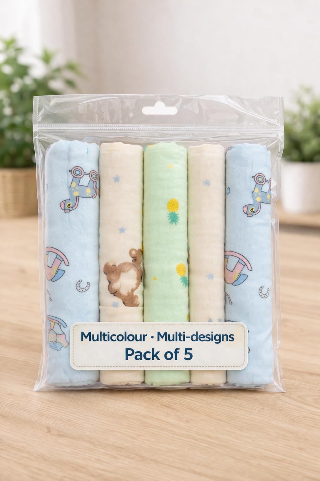 KIDS BASIC Soft Cotton Muslin Hankies for Babies Multicolour & Prints Daily Use Face Cloth - (Pack of 5)-image-36
