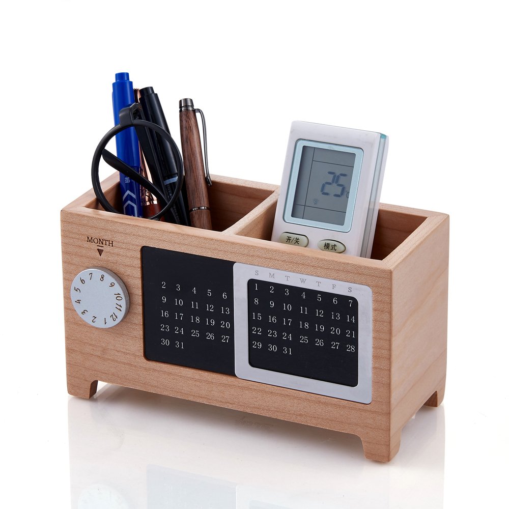 Wooden Pencil Holder Desk Supplies Organizer Pen Cup, Stationery Storage Box with Calendar for Desk, ARTA-0006M