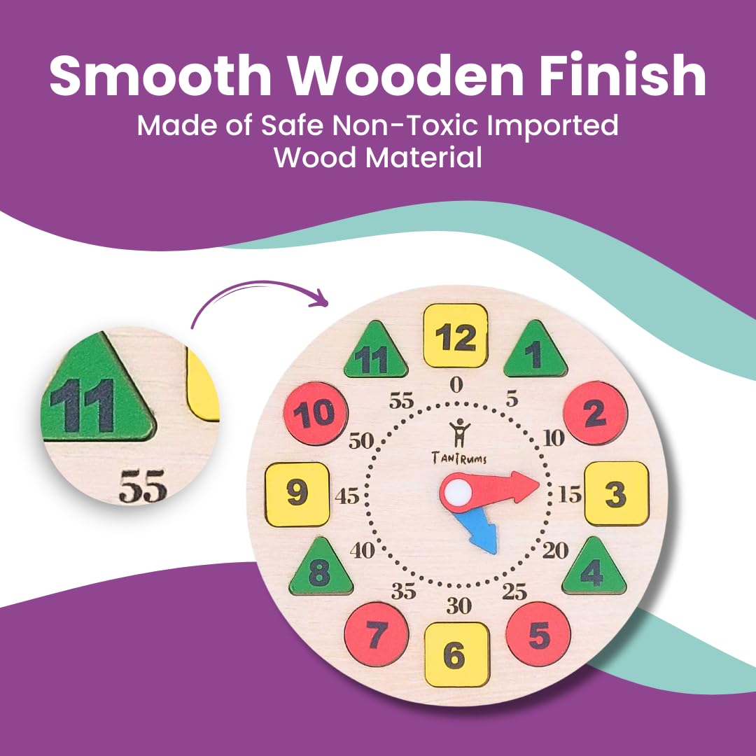 Tantrums Wooden Learning Clock for Kids, Educational Time Teaching Toy, Shape Color Sorting Number Blocks, Montessori Early Learning - Image 7 thumbnail