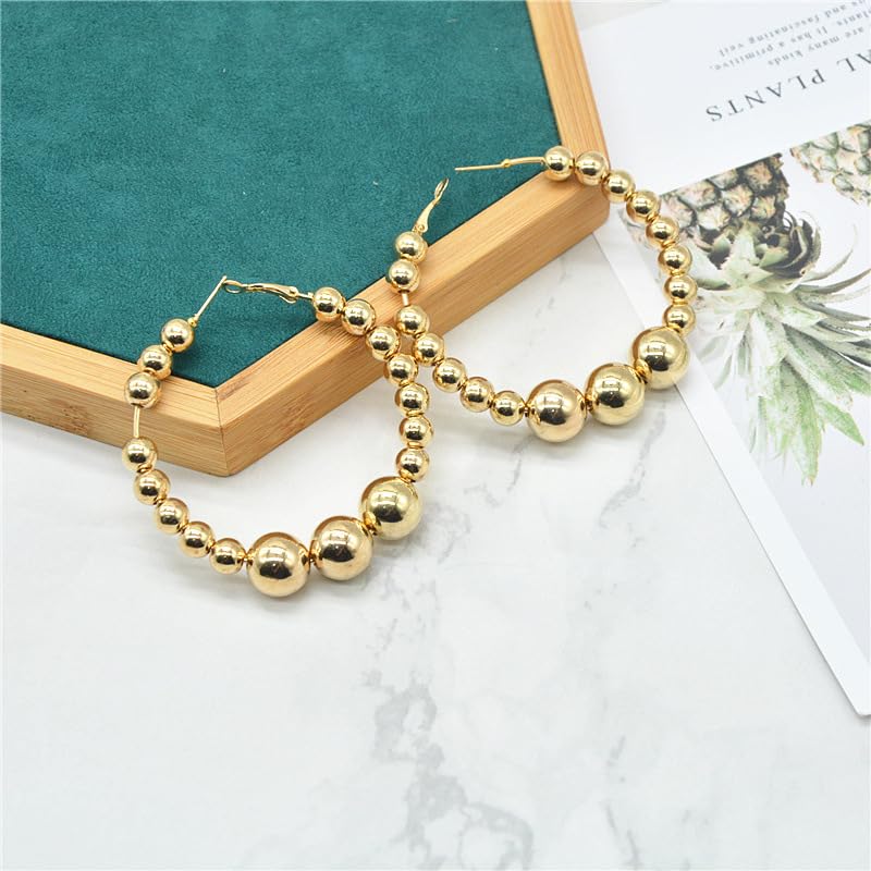 6cm Gold Beaded Hoop Earrings Chunky Round Ball Beads Hoop Earrings Silver Beads Geometry Statement Earrings Jewelry Gifts for Women3