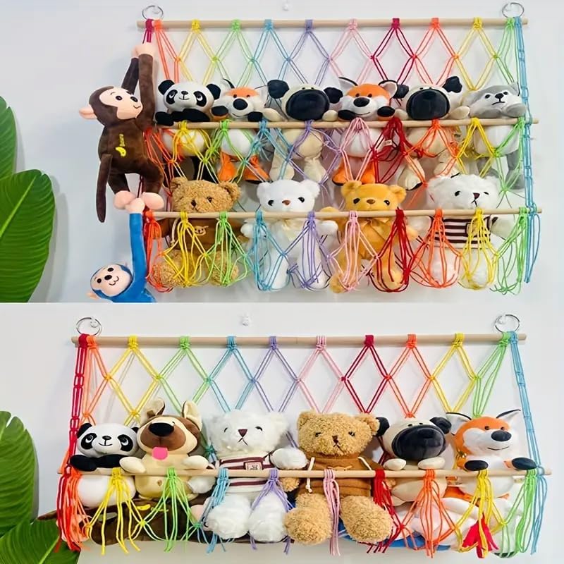 Image of Wood Waterlily House - Organizer Mesh, Bohemian Net Organizer, Stuffed, Toy Storage Hammock, Rainbow Stuffed Animal Hammock Macrame for Toy Storage. (Color Four Layer), Wall Mount