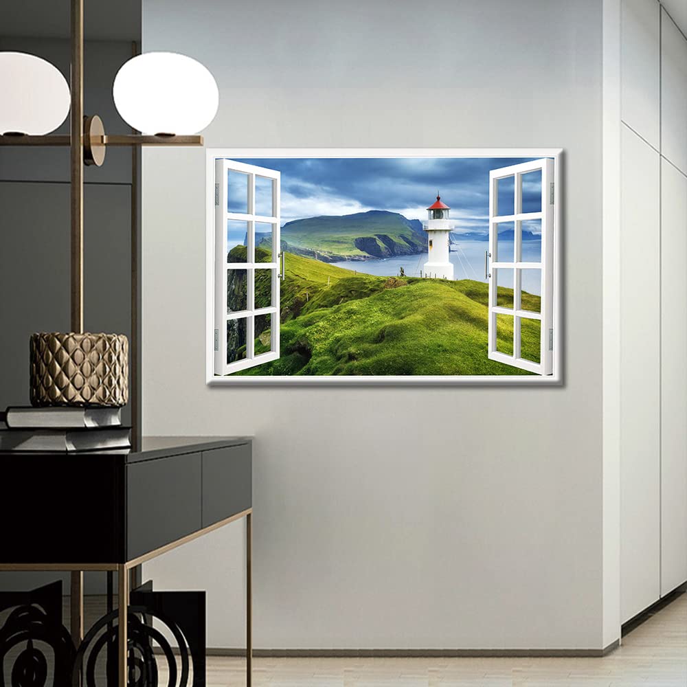 3D Window View Faroe Islands Wall Art for Living Room Canvas Art Wall Decor Mikinski Lighthouse Pictures Natural Landscape Painting Stretched Framed Ready to Hang 16x24inch - Image 2