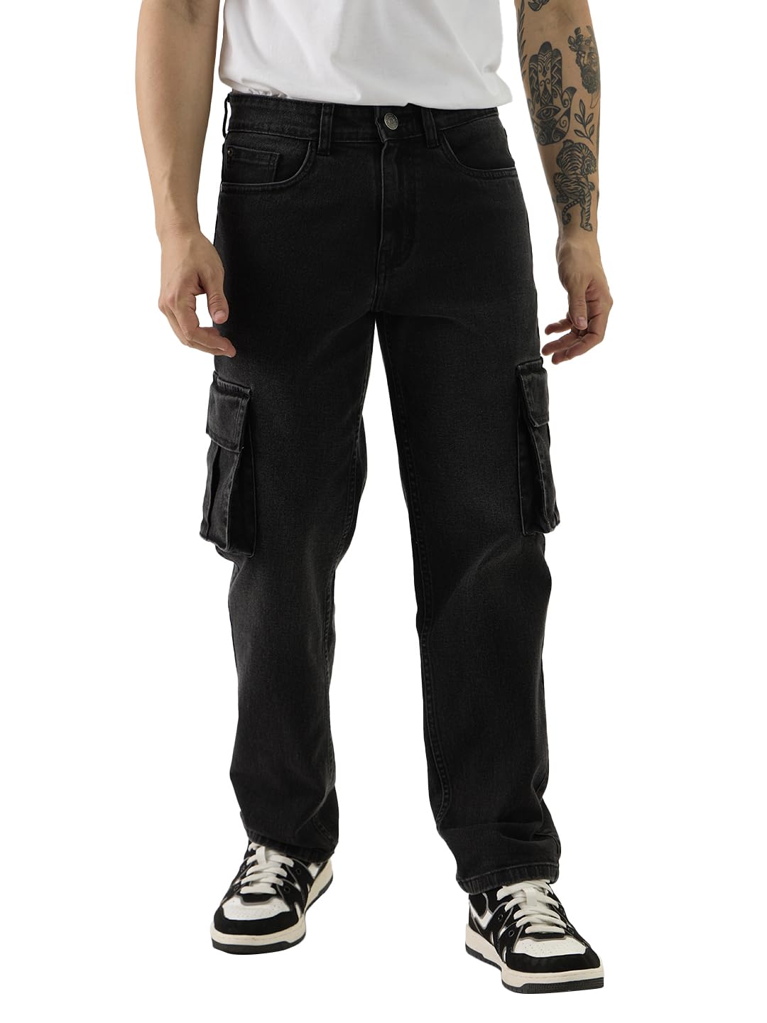 Denim Black Cargo Jeans Men Boys Button Down Cotton Blend Plain Straight Fit