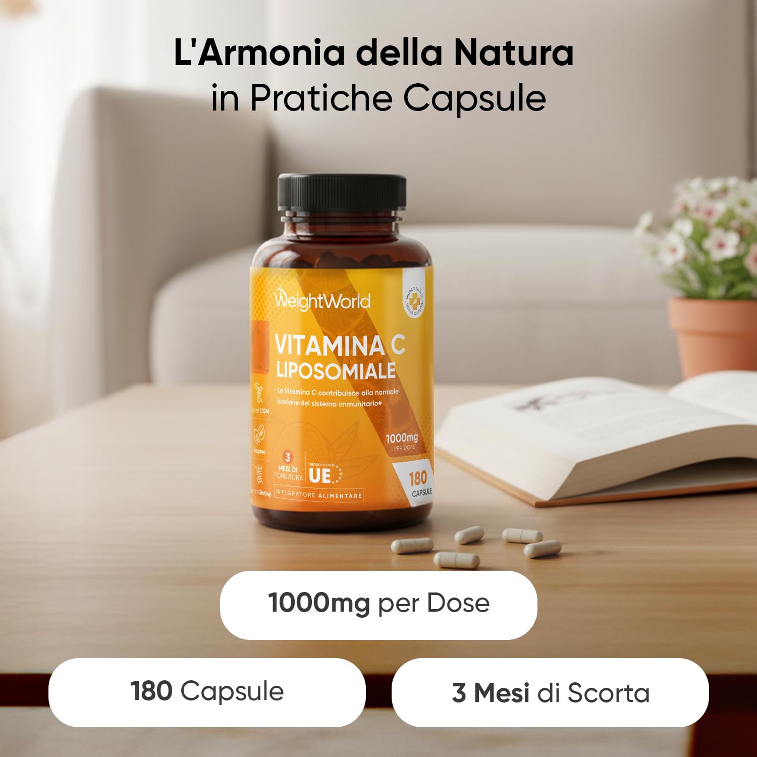 Vitamina C Liposomiale 1000mg Vegana,180 Capsule di Acido Ascorbico (3 Mesi di Scorta), La Vitamina C Contribuisce alla Normale Funzione del Sistema Immunitario (EFSA), Senza Glutine, Prodotto in UE