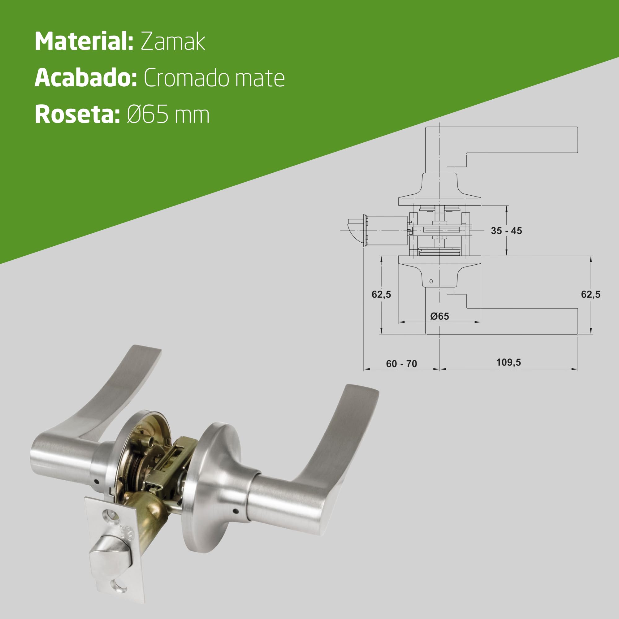 Amig - Juego de Manillas de Paso con Picaporte - Picaporte de Entrada 60/70 mm - para Puertas de madera de 35 a 45 mm - Maneta con Roseta - Regulable y Reversible - Cromado Mate - Zamak - Mod. 711