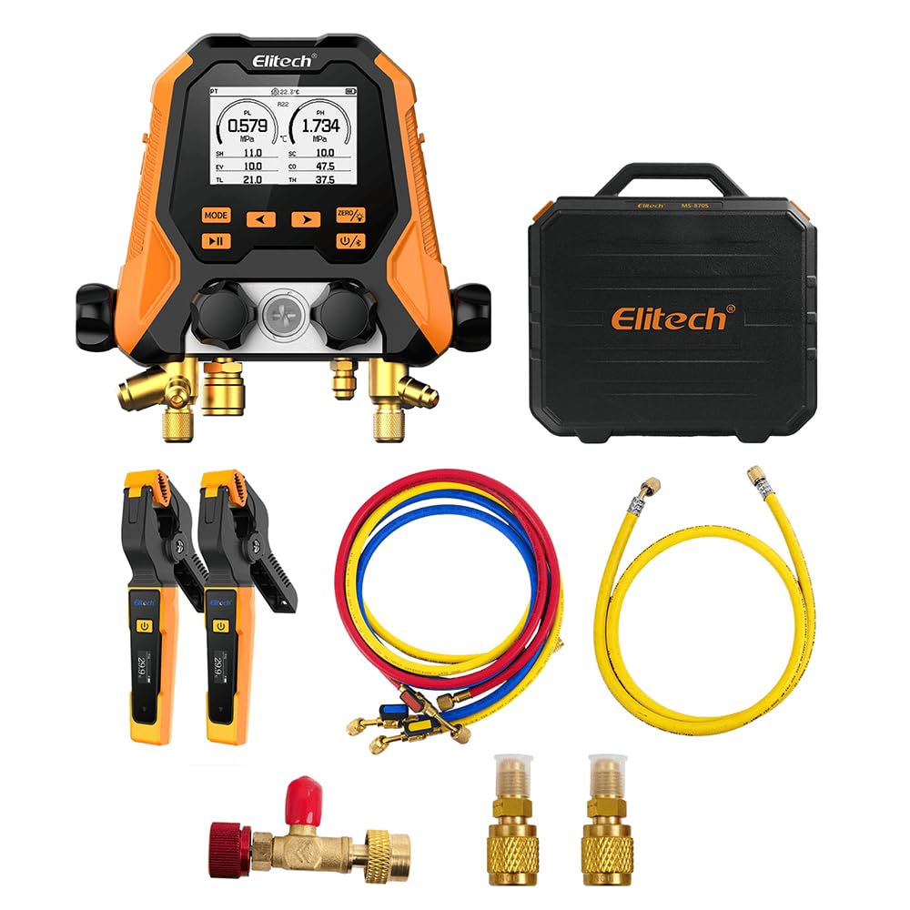 Elitech MS-870S Manometro Digitale Smart a 4 Vie, Gruppo Manometrico Bluetooth per Condizionamento, 140+ Refrigeranti, Kit Misurazione Temperatura/Pressione/Vuoto con Tubi e Pinze in Valigetta