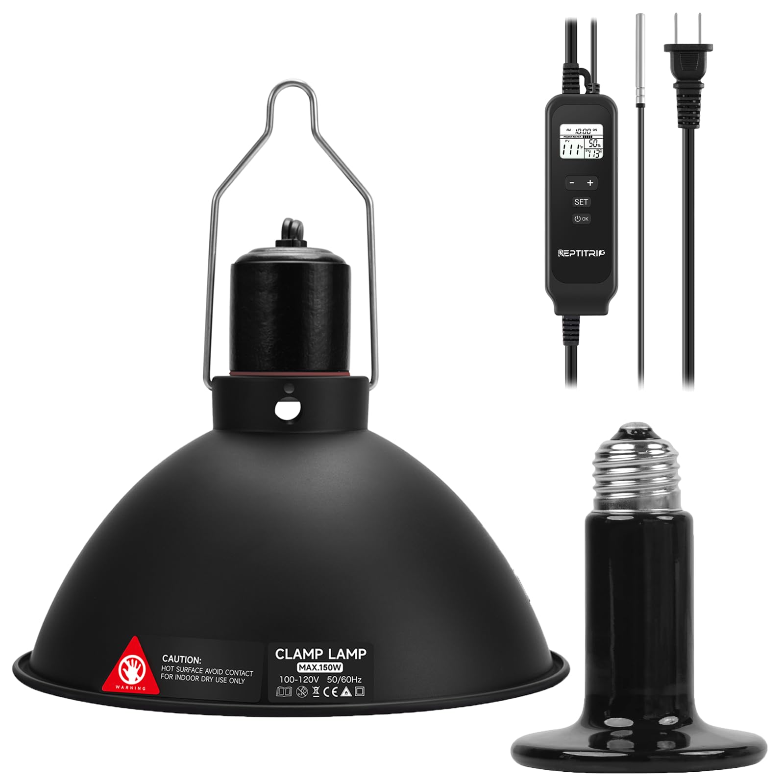 8.5-Inch Day/Night Thermostatic Reptile Heat Lamp with 150W Ceramic Heat Emitter (Non-Light Emitting) - Heat Lamp Temperature Controller for Bearded Dragons, Snakes & Lizard, E26