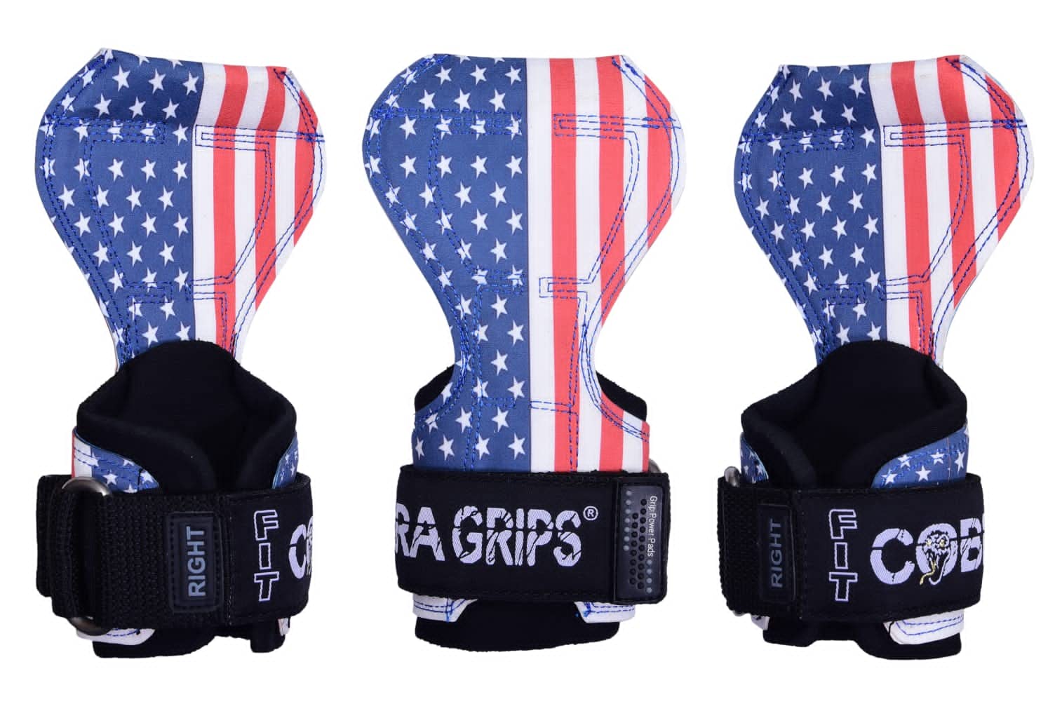 Cobra Grips Pro Guanti per sollevamento pesi, cinghie resistenti, ganci per sollevamento pesi, regolabili, in neoprene, imbottiti, supporto per il polso per bodybuilding (pelle con bandiera USA in
