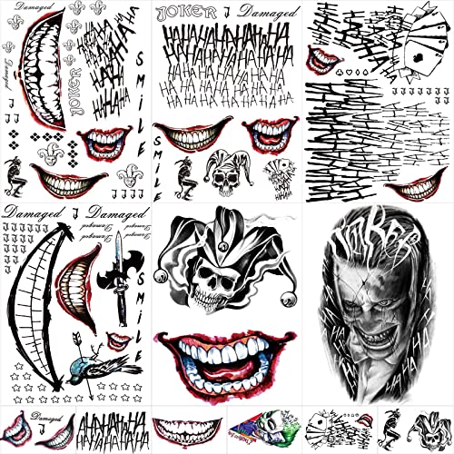 JEEFONNA 22 Sheets Halloween Temporary Tattoos, Perfect Joker Tattoos Halloween Face Tattoos for Costumes, Halloween Party Accessories and Cosplay (Men's)