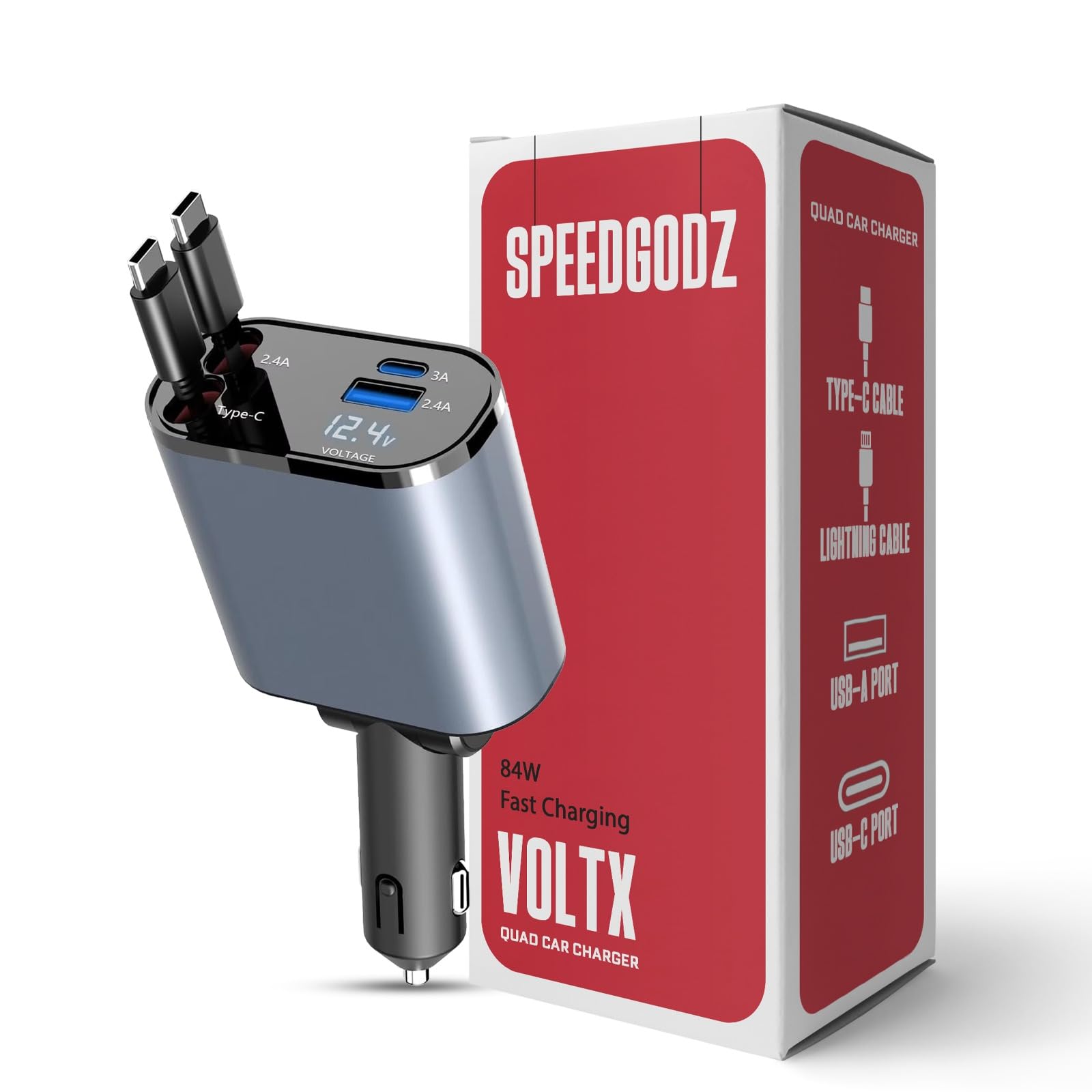 84w 4 in 1 retractable car charger,car phone charger, retractable cables & 2 usb ports car adapter for android phones & iphone 17/16/15/14/13/12/11 pro max, xr, ipad (grey)