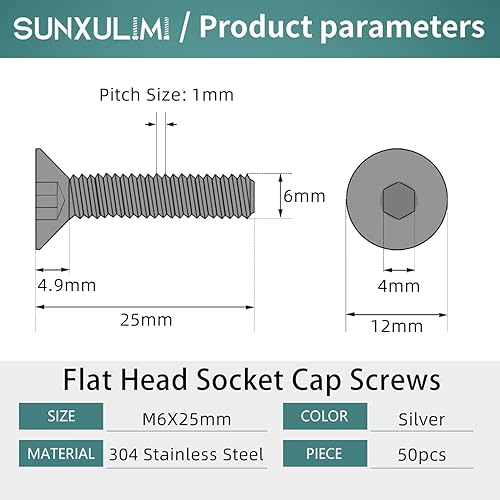 Miniatura 2 de SUNXULIMI Tornillos avellanados de cabeza plana M6 x 0.984 in, acero inoxidable 304, acabado brillante, totalmente roscado, accionamiento hexagonal