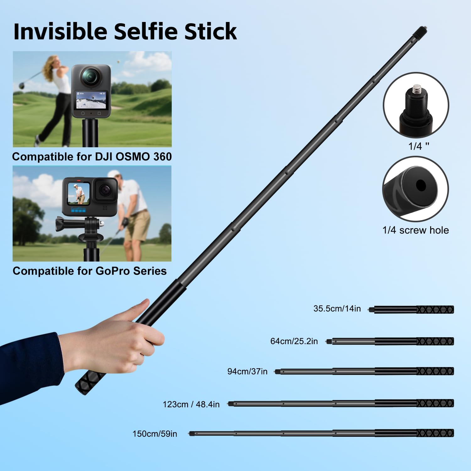 59" Magnético Golf Selfies Palo Trípode Compatible con iPhone,Ajustable Aluminio Teléfono Trípode Monopié Punta Tierra Golf Swing Entrenamiento Compatible con GoPro Cámaras Vídeo Grabación