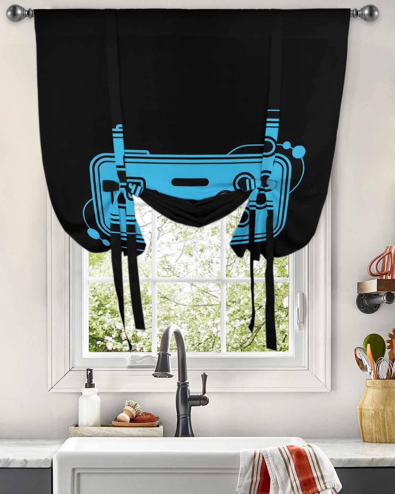 Blue Game Handle Tie Up Curtains for Windows 54 Inch Length Balloon Curtains Kitchen Adjustable Balloon Window Shade Video Gamer Console Earphones Black Tie Up Valance Bathroom Curtain Window 42