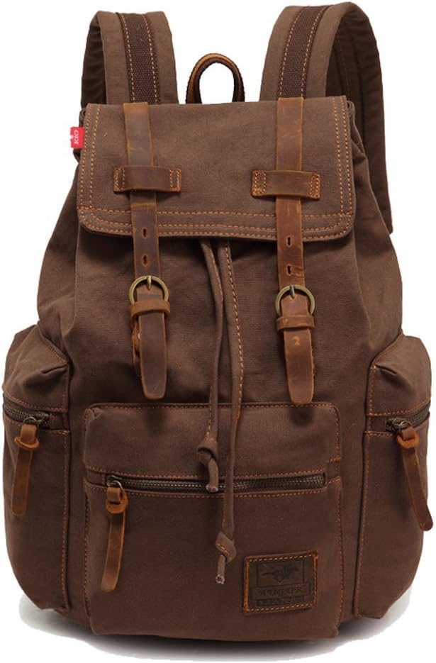 Vintage Unisex Casual Leather Backpack Canvas Rucksack Bookbag Satchel Hiking Backpack Travel Outdoor Shouder Bag